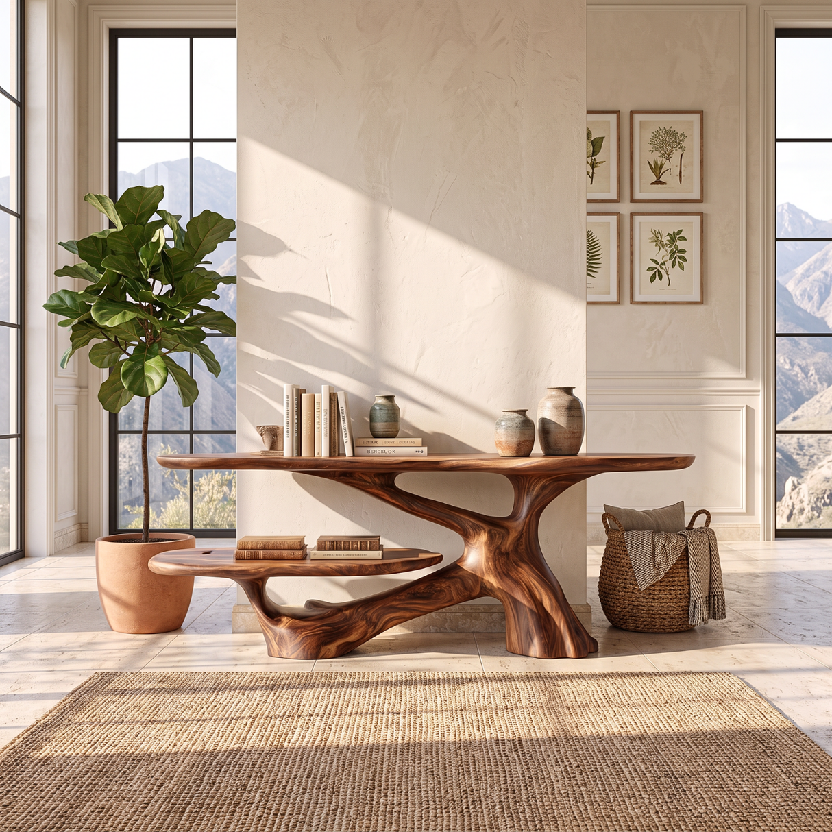 Console Table Solid Wood with Two Tier Shelf and Sculptural Branch Base