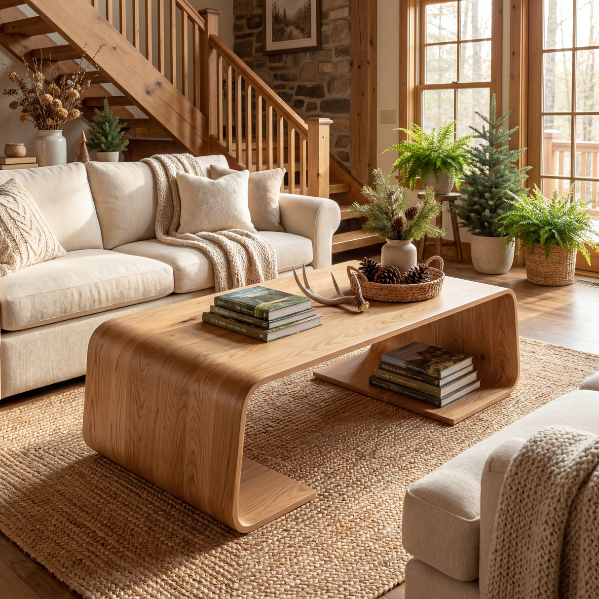 Solid Wood Coffee Table with Waterfall Form and Open Shelf