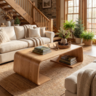 Solid Wood Coffee Table with Waterfall Form and Open Shelf