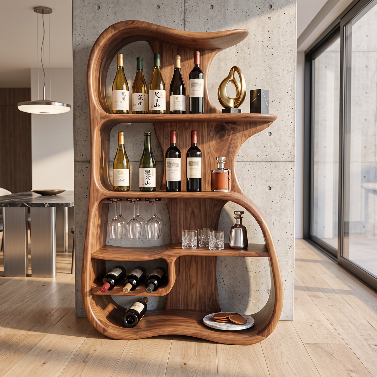 Wine Cabinet Solid Wood Organic Open Shelf Design for Dining Room