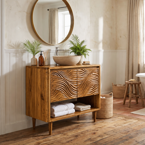 Bathroom Vanity Solid Wood with Carved Ripple Cabinet and Open Shelf for Powder Room