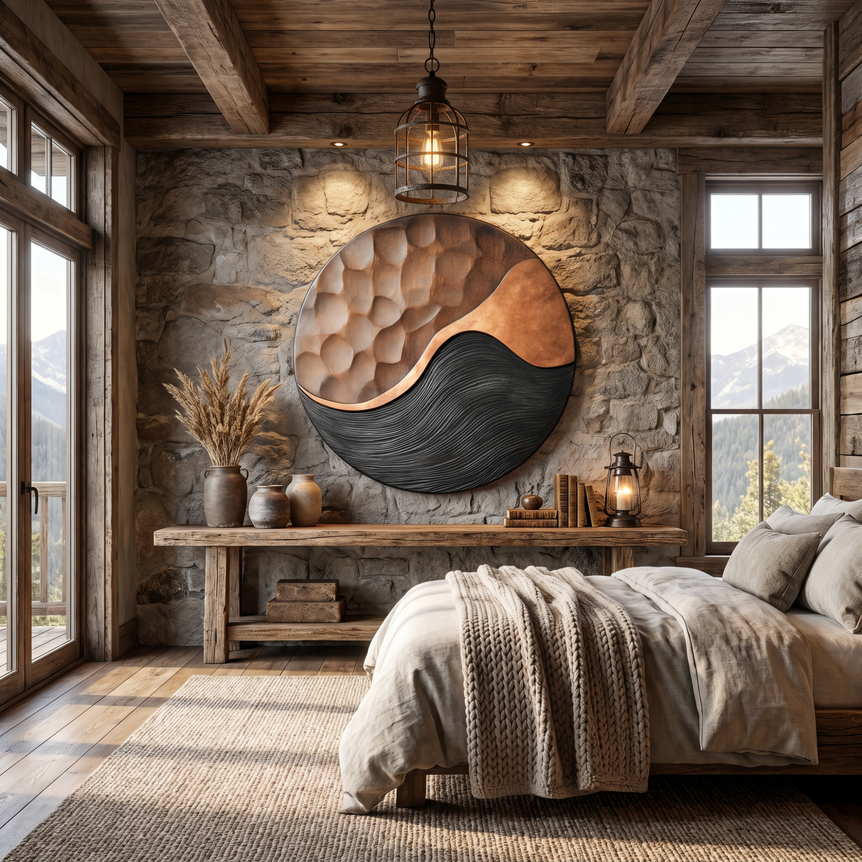 Handcrafted Oval Wood Wall Art with Black Wave Texture and Carved Mosaic Relief