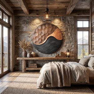 Handcrafted Oval Wood Wall Art with Black Wave Texture and Carved Mosaic Relief