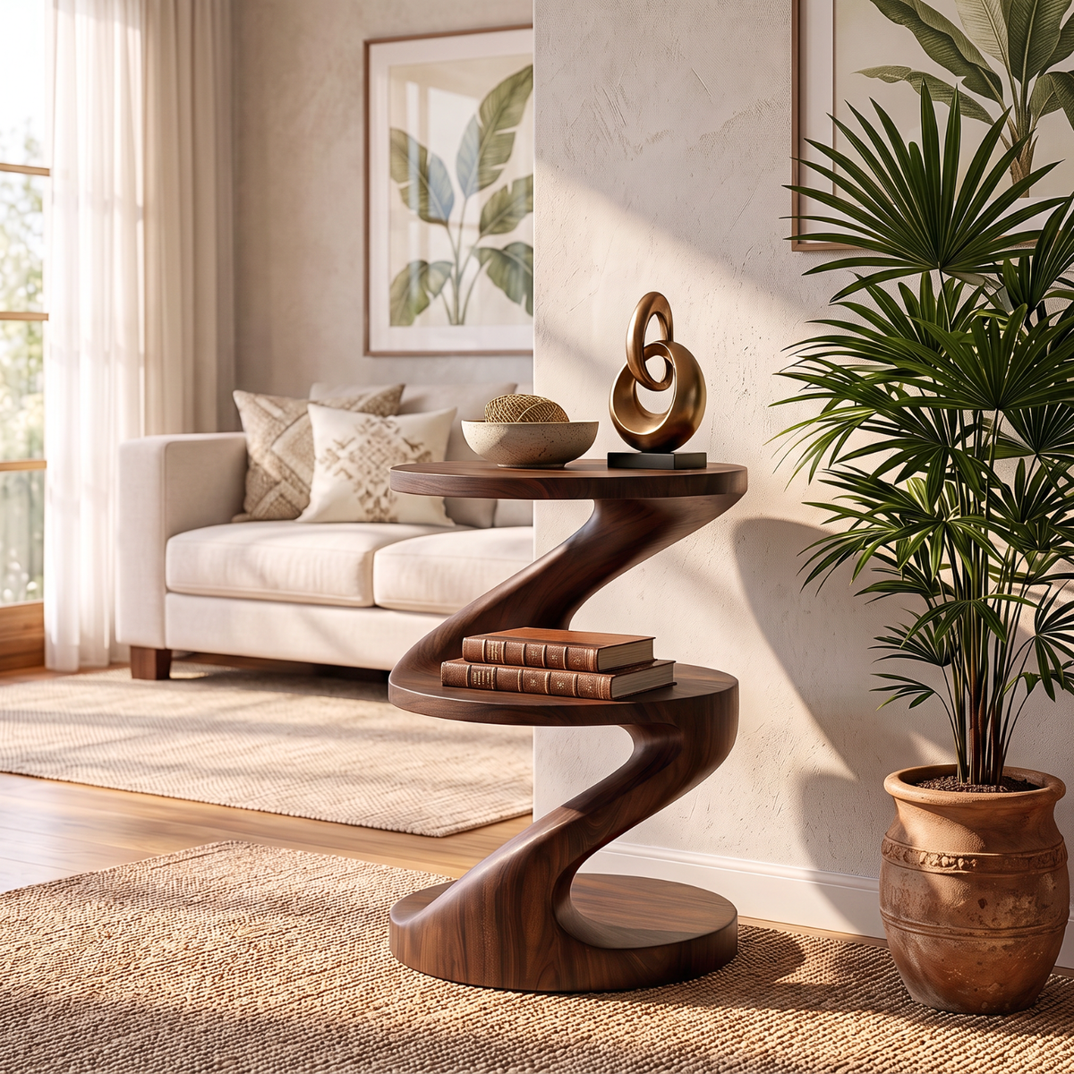Handcrafted Solid Wood Side Table with Sculptural S Curve Design