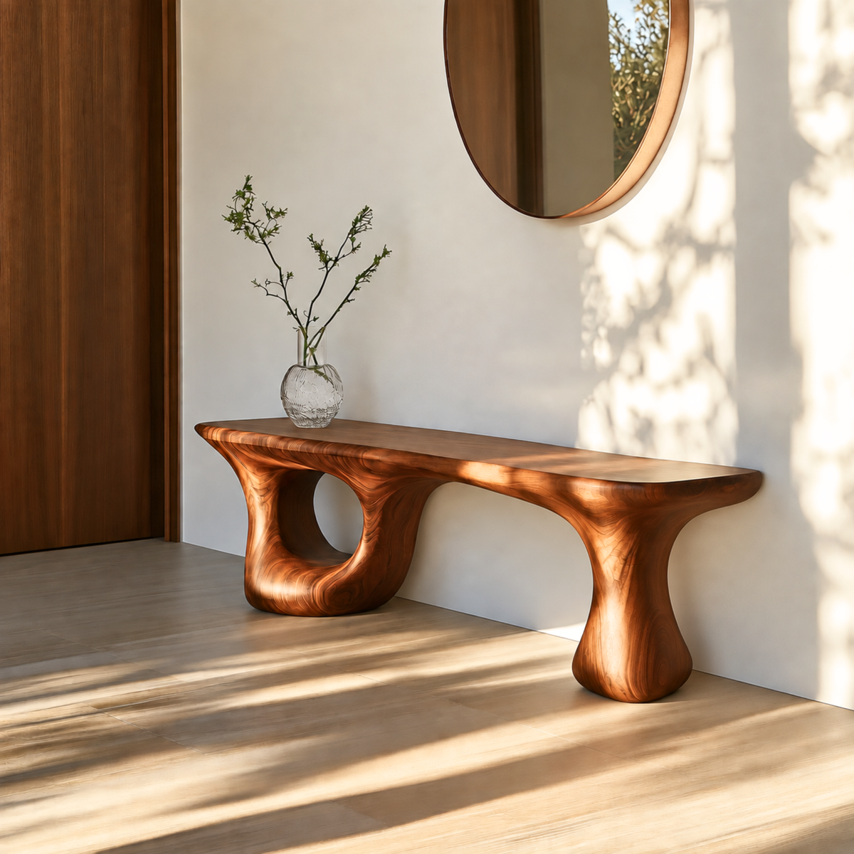Bench Solid Wood with Sculptural Loop and Pedestal Base with Flowing Live Edge Seat