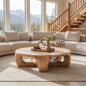 Round Solid Wood Coffee Table with Sculptural Open Base