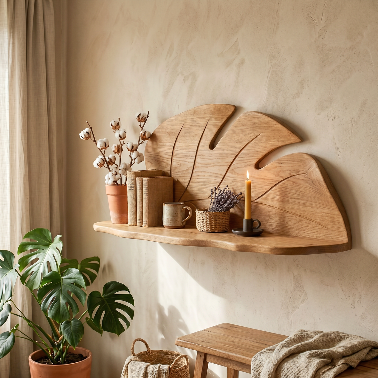 Hand Carved Solid Wood Monstera Leaf Wall Shelf for Decorative Display