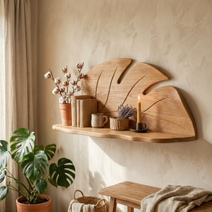 Hand Carved Solid Wood Monstera Leaf Wall Shelf for Decorative Display