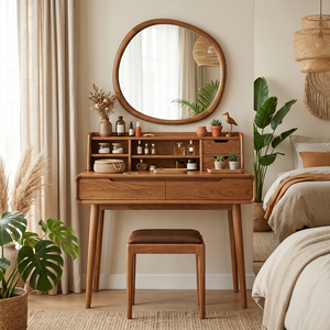 Solid Wood Vanity Table with Organizer Hutch, Drawer Storage, and Tapered Legs
