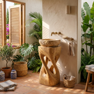 Sculptural Twisted Wood Pedestal Vanity with Organic Open Form