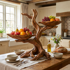 Solid Wood Sculptural Fruit Bowl with Twin Floating Trays and Branch Form Base