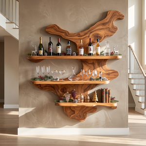 Organic Solid Wood Wine Rack with Floating Display Shelves and Sculptural Wall Form