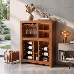Solid Wood Wine Cabinet with Bottle Racks and Stemware Storage for Home Bar