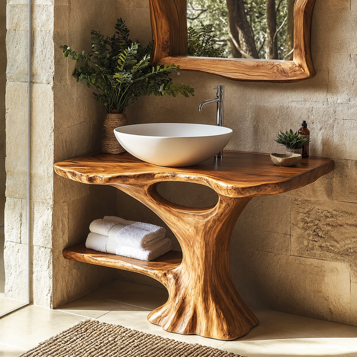 Bathroom Vanity Solid Wood with Organic Trunk Pedestal and Side Shelf for Powder Room
