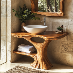 Bathroom Vanity Solid Wood with Organic Trunk Pedestal and Side Shelf for Powder Room