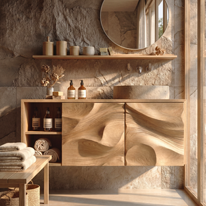 Abstract Carved Wood Bathroom Vanity Cabinet with Organic Relief Front