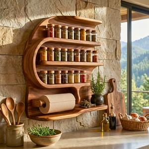 Sculptural Solid Wood Wall Spice Rack with Paper Towel Holder