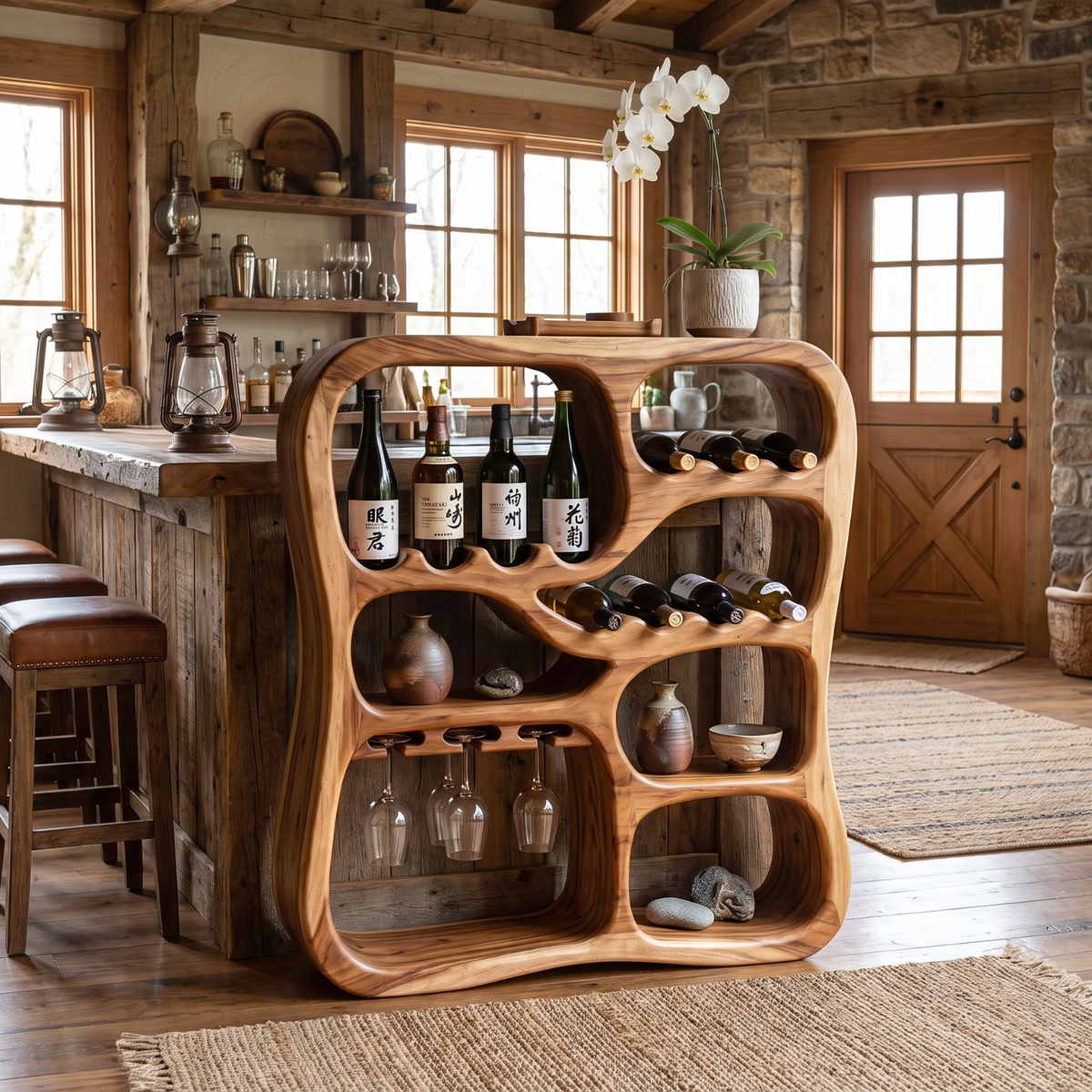 Solid Wood Wine Cabinet with Organic Display Niches and Stemware Rack