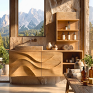 Sculptural Solid Wood Bathroom Vanity Cabinet with Carved Wave Front