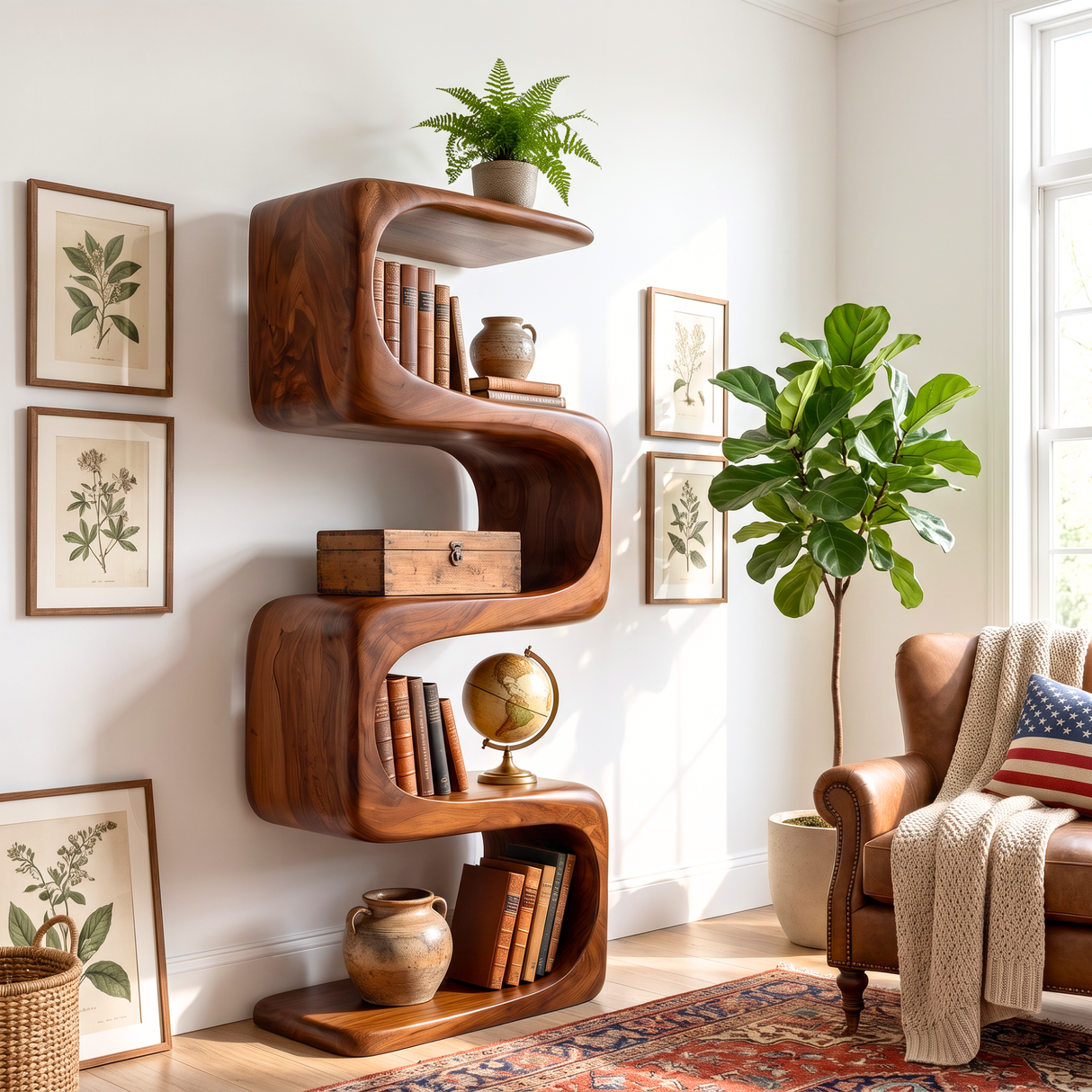 Bookshelf Solid Wood with Sculptural S Curve Shelves