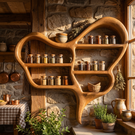Organic Solid Wood Wall Spice Rack with Sculptural Open Shelf Design