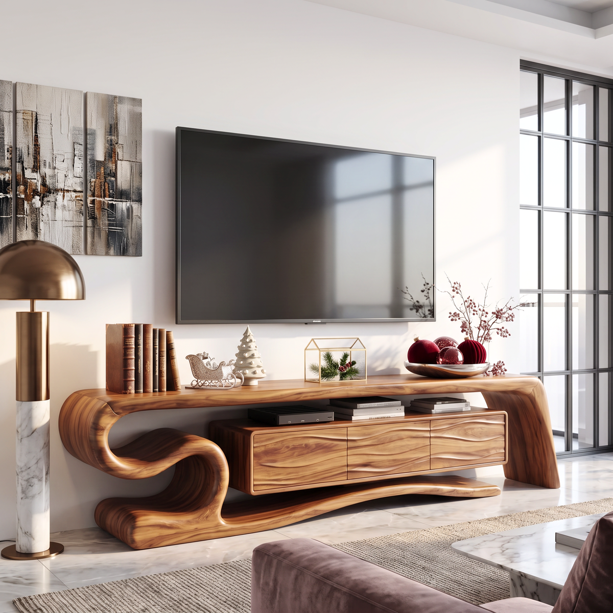 TV Stand with Sculptural S-Curve Frame and Natural Wave Grain Cabinet