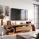 TV Stand with Sculptural S-Curve Frame and Natural Wave Grain Cabinet