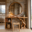 Sculptural Solid Wood Vanity Table with Organic Carved Base and Open Shelf Storage