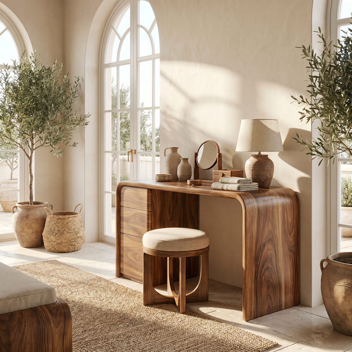Rounded Solid Wood Vanity Table with Waterfall Side and Drawer Storage