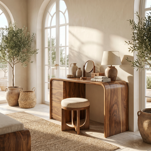 Rounded Solid Wood Vanity Table with Waterfall Side and Drawer Storage