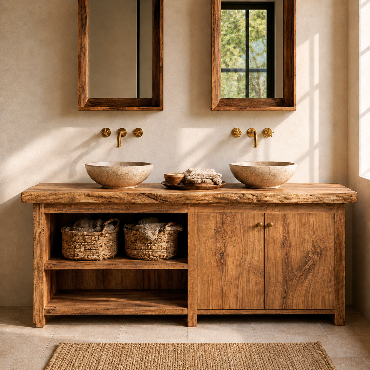Bathroom Vanity Solid Wood with Double Sink and Open Shelf Storage for Rustic Bathroom