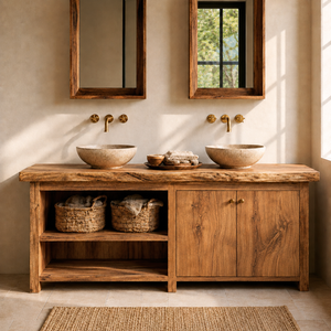 Bathroom Vanity Solid Wood with Double Sink and Open Shelf Storage for Rustic Bathroom