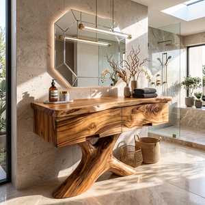 Bathroom Vanity Solid Wood with Root Pedestal and Drawer Storage