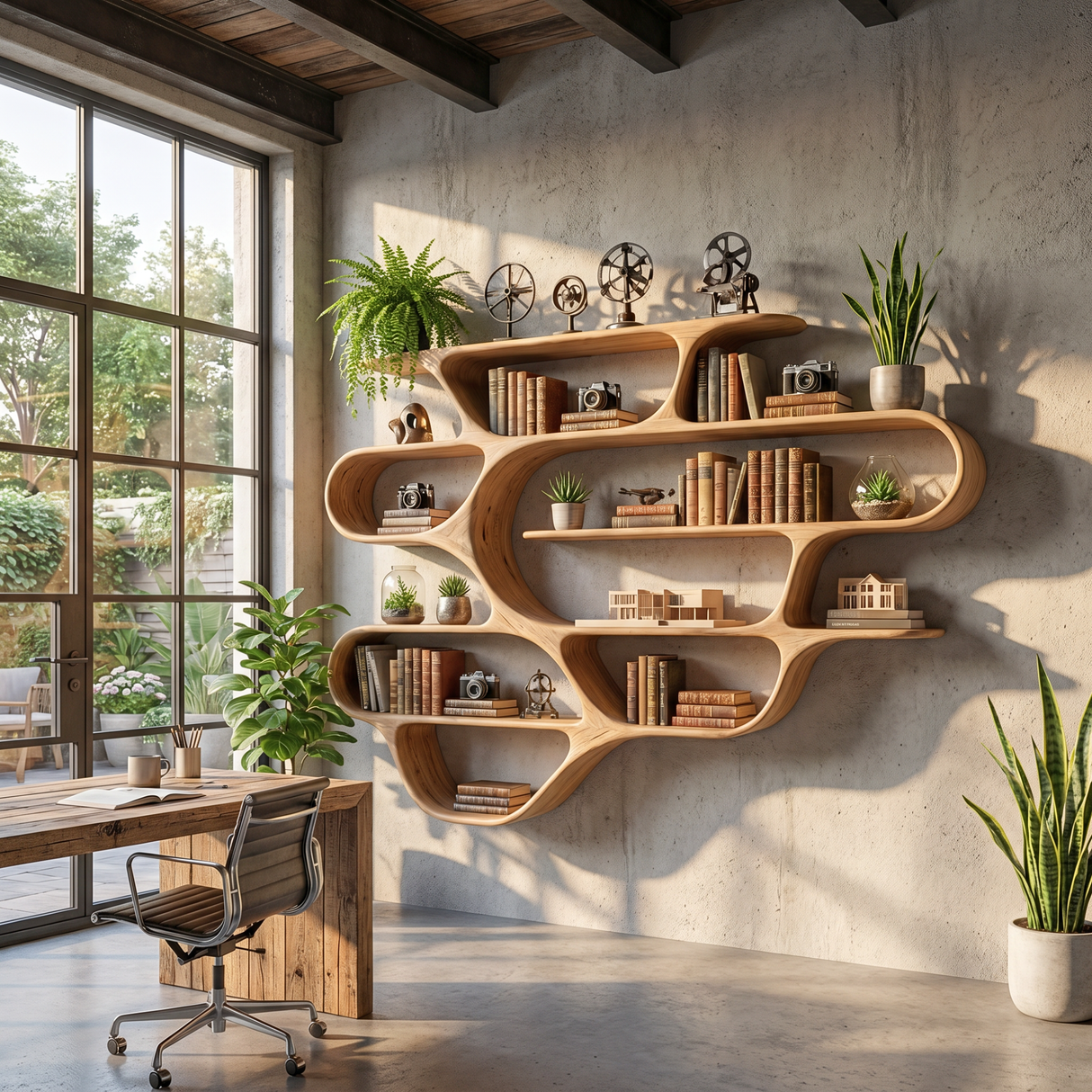Large Organic Solid Wood Wall Bookshelf with Wave Shelf Compartments