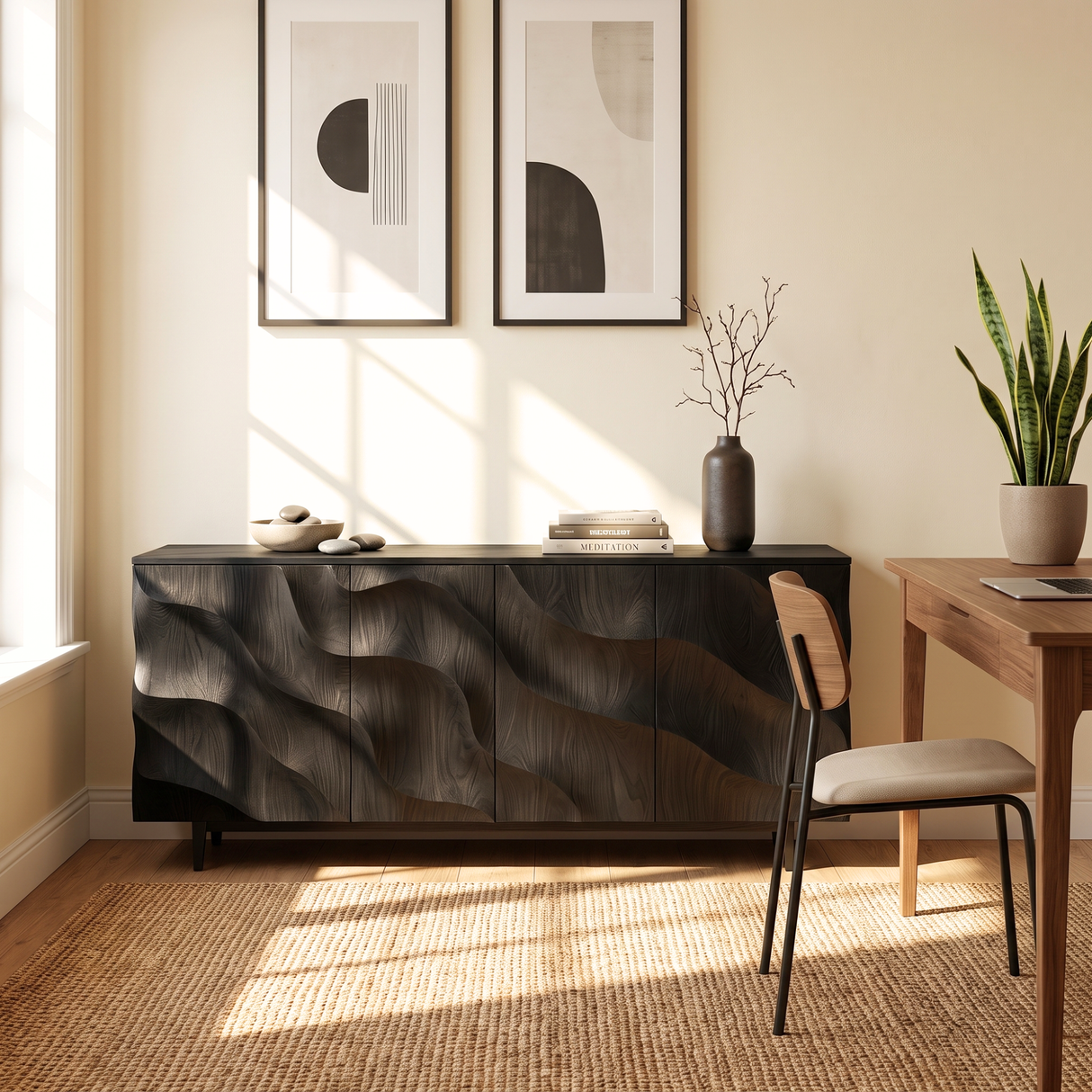 Sideboard Solid Wood with Sculptural Cascade Relief Doors for Living Room Decor