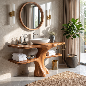 Solid Wood Bathroom Vanity with Sculptural Tree Base and Open Shelves