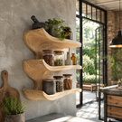 Solid Wood Three Tier Curved Spice Rack with Sculptural Wall Mounted Design