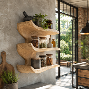 Solid Wood Three Tier Curved Spice Rack with Sculptural Wall Mounted Design