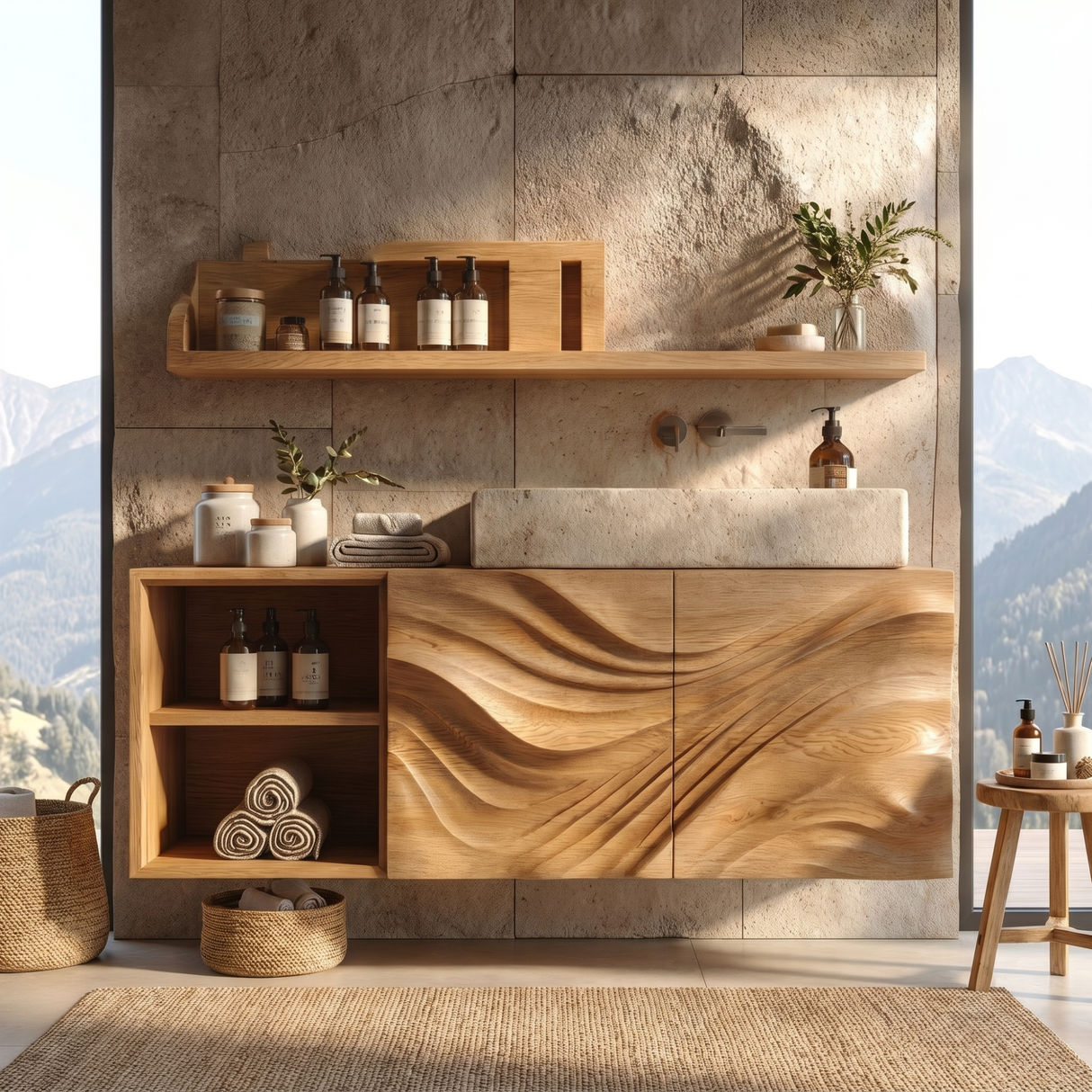 Flow Carved Solid Wood Floating Vanity Cabinet with Organic Wave Texture