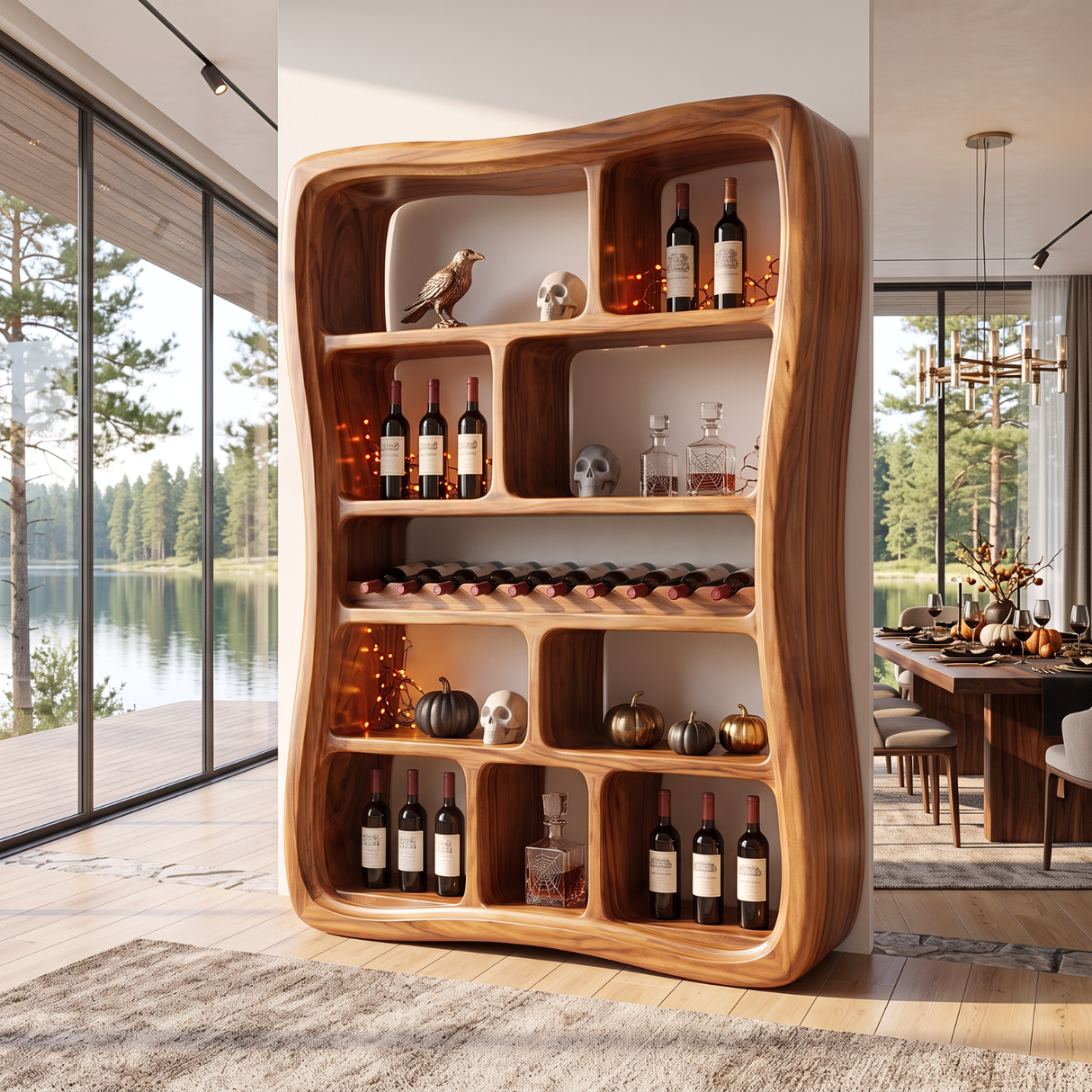 Wine Display Cabinet Solid Wood with Organic Open Compartments for Bar Decor