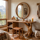 Handcrafted Solid Wood Vanity Table with Sculptural Root Base and Open Shelves