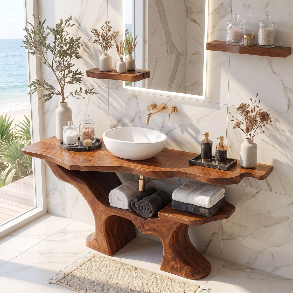 Solid Wood Bathroom Vanity with Organic Branch Base and Open Shelf