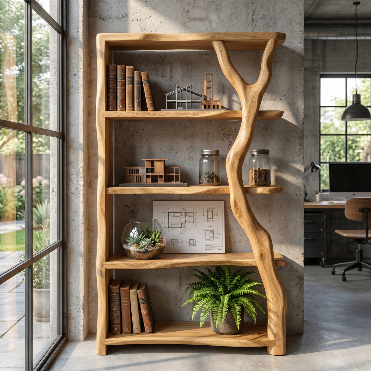 Organic Solid Wood Bookshelf with Branch Inspired Side Support