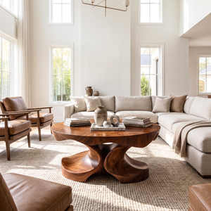 Coffee Table Solid Wood with Sculptural Four-Lobed Pedestal Base for Living Room