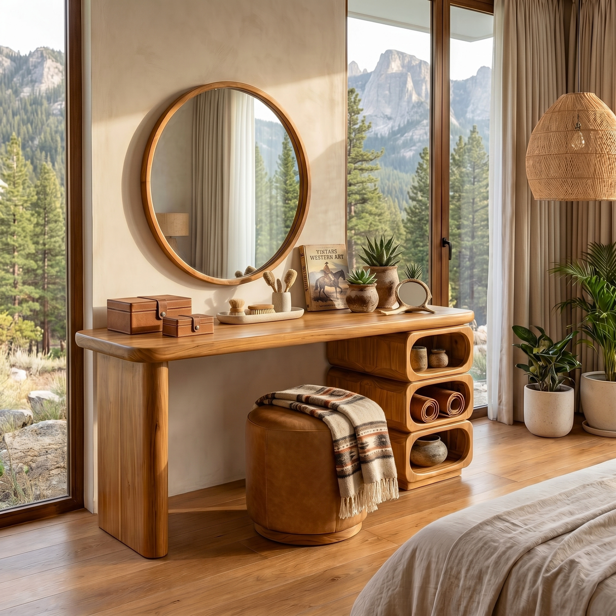 Solid Wood Vanity Table with Rounded Open Shelf Storage and Panel Leg