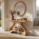 Organic Solid Wood Console Table with Sculptural Shelf Base