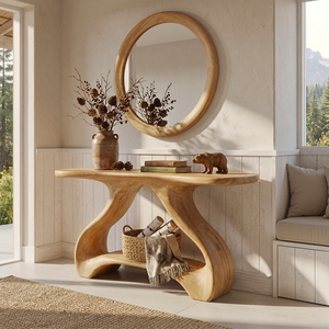 Organic Solid Wood Console Table with Sculptural Shelf Base
