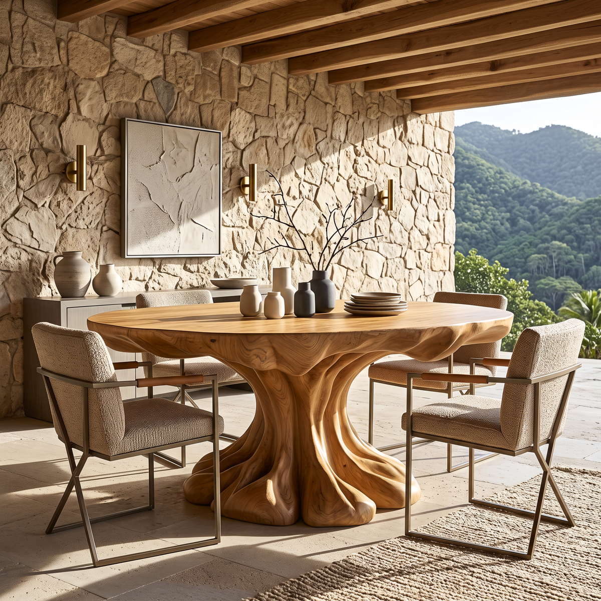 Dining Table with Flowing Pedestal Base and Organic Wood Top
