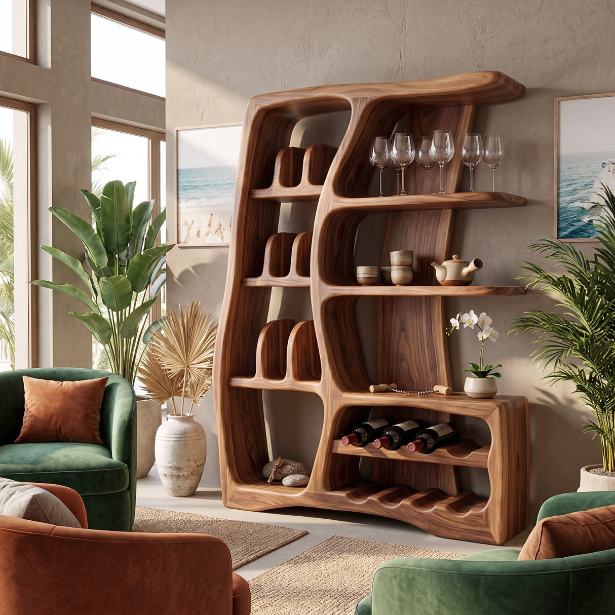 Solid Wood Wine Cabinet with Sculptural Open Shelves and Bottle Rack