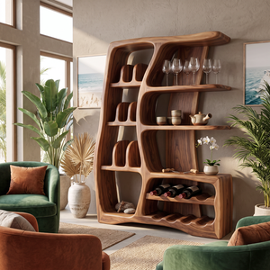 Solid Wood Wine Cabinet with Sculptural Open Shelves and Bottle Rack
